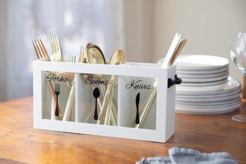 BLU MONACO White Wooden Cutlery & Utensil Caddy | Flatware Organizer for Forks, Spoons & Knives | Portable Silverware Holder with Handles â€“ Kitchen Countertop or Table Organizer, 12 x 3 x 6 in - Image 2